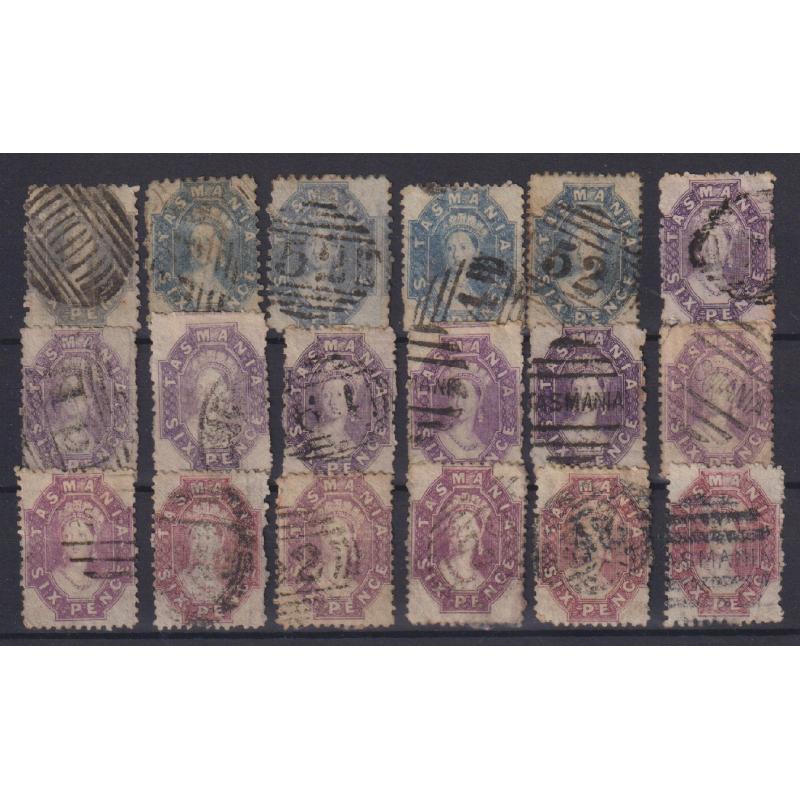 (JB1005) TASMANIA · 1864/79: useful assembly of 18x postally used perforated 6d QV Chalons · mixed condition · small range of shades