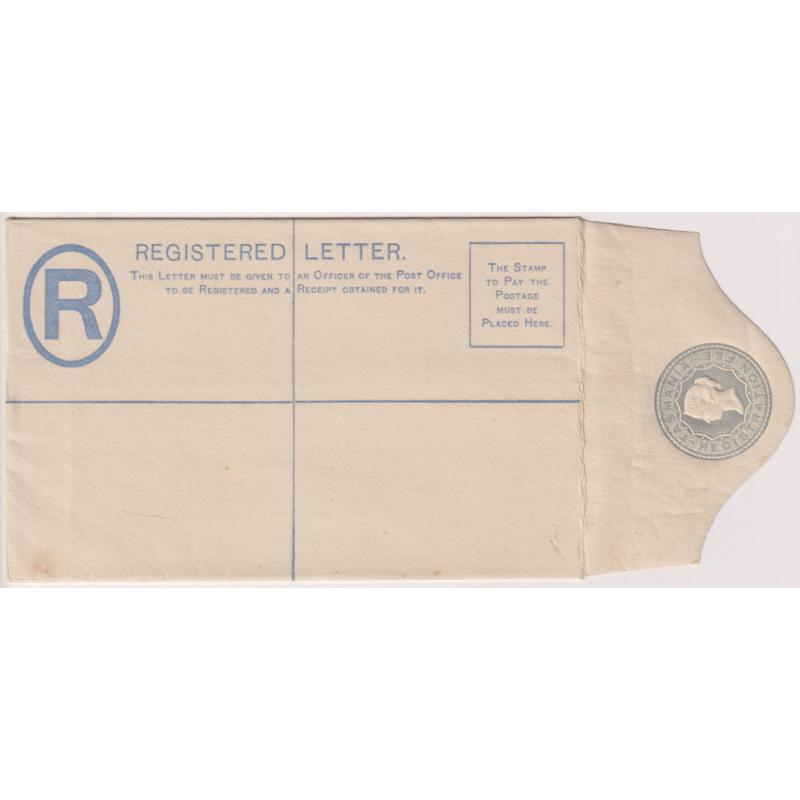 (JB1016) TASMANIA · 1892: unused De La Rue printed "No Value" registered envelope measuring 133x83mm H&G C3 · some gum issues however the overall condition is better than usually found