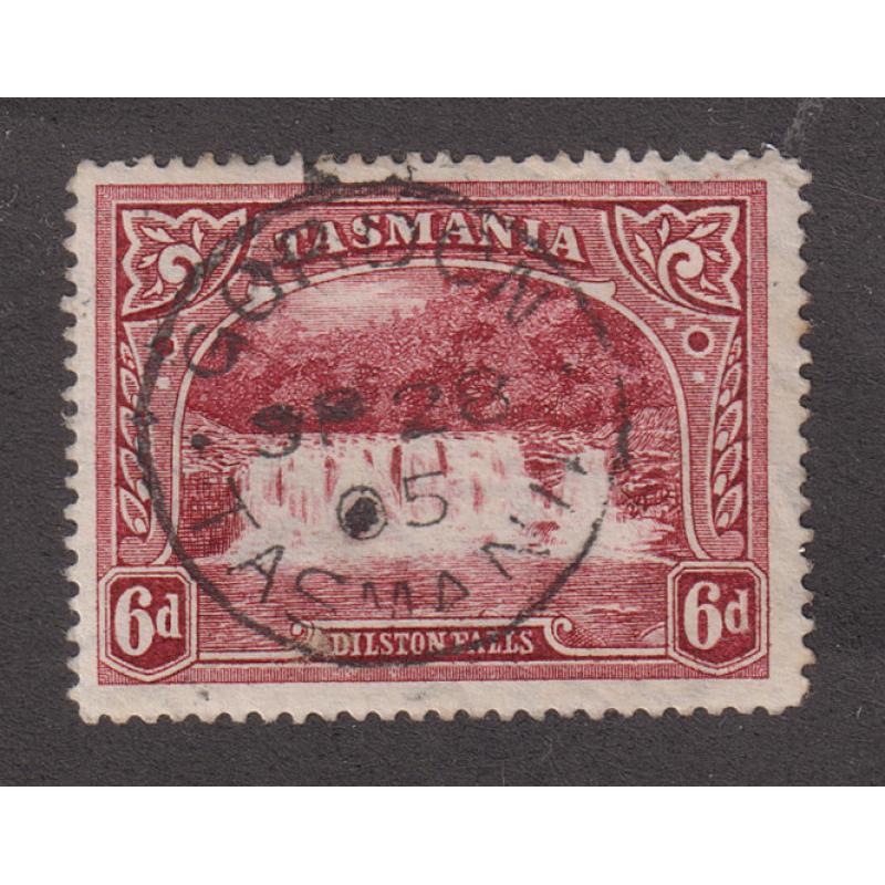 (JB1042) TASMANIA · 1905: full impression of the GORDON Type 1 cds on a 6d Pictorial · postmark is rated S+(6) but is much rarer on this stamp
