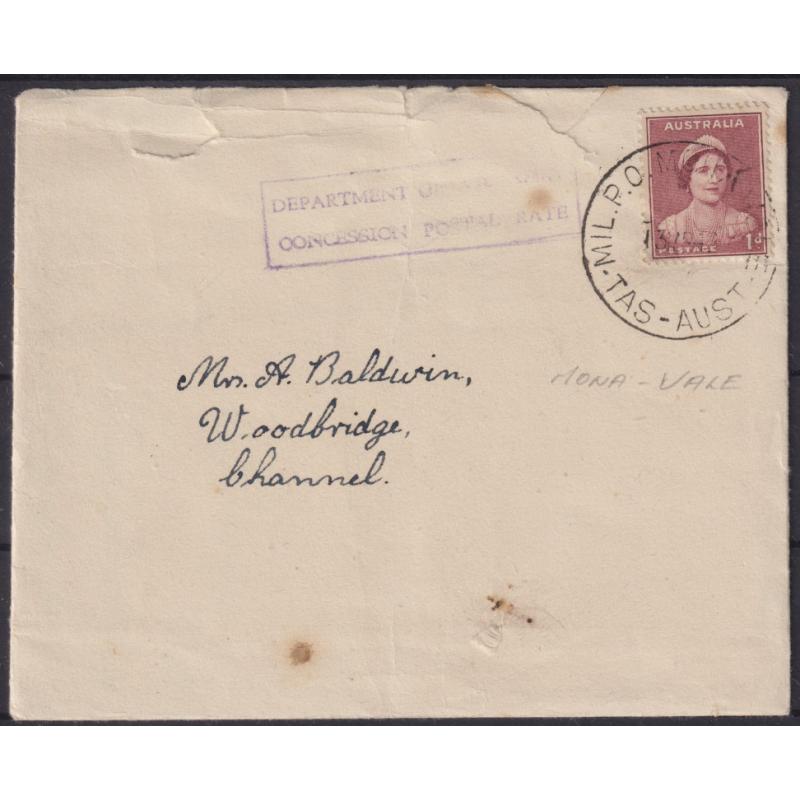 (JB1078) TASMANIA ·  1942: a full obvious strike of the MIL. P.O. MONA VALE Type 5 cds on a roughly opened but intact envelope (with contents) · postmark is rated 4R · BARGAIN @ STARTER!! (2 images)