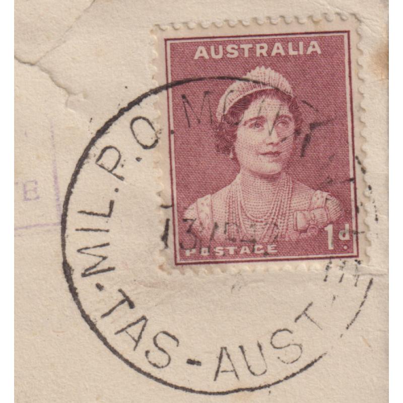(JB1078) TASMANIA ·  1942: a full obvious strike of the MIL. P.O. MONA VALE Type 5 cds on a roughly opened but intact envelope (with contents) · postmark is rated 4R · BARGAIN @ STARTER!! (2 images)