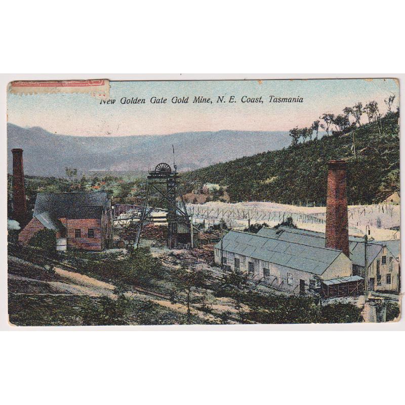(JB1089) TASMANIA · c.1908: colour card by Birchall w/view of the NEW GOLDEN GATE GOLD MINE mailed to Winkleigh from Mathinna - corner crease oi/wise in VG to excellent condition · scarce card in my experience