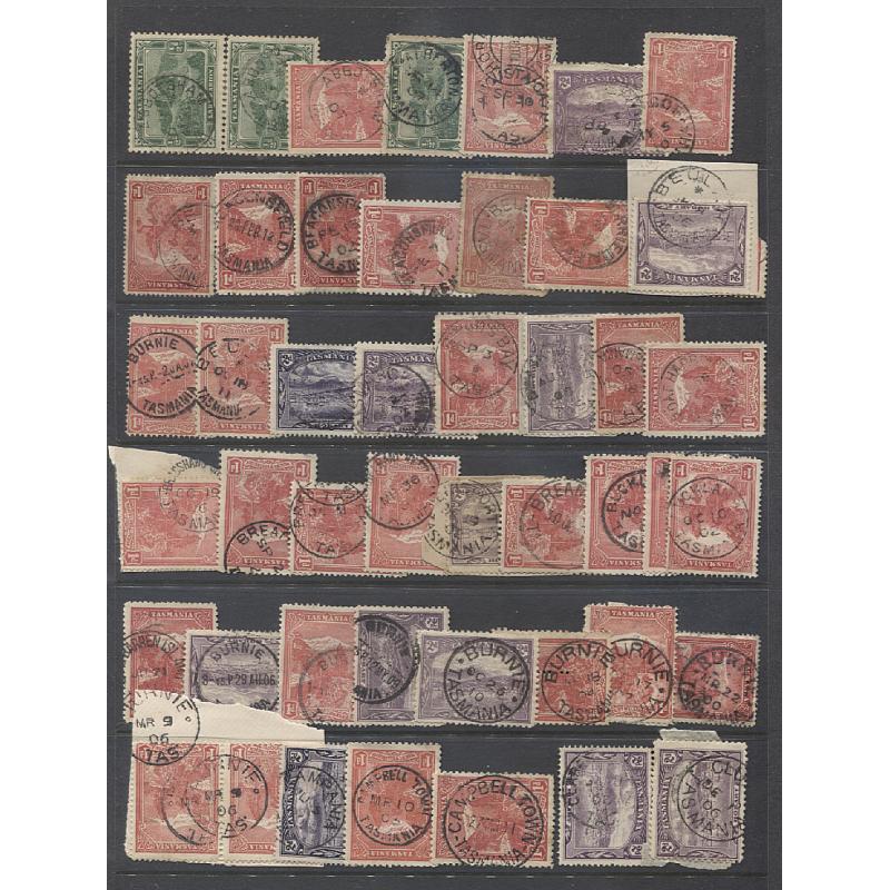(JB1131L) TASMANIA · 14x Hagners housing and "A to Z" accumulation of postmarks on Pictorial issues · clarity and/or degree on completeness varies but some useful and rated material included ..... see 8 sample images (500+)