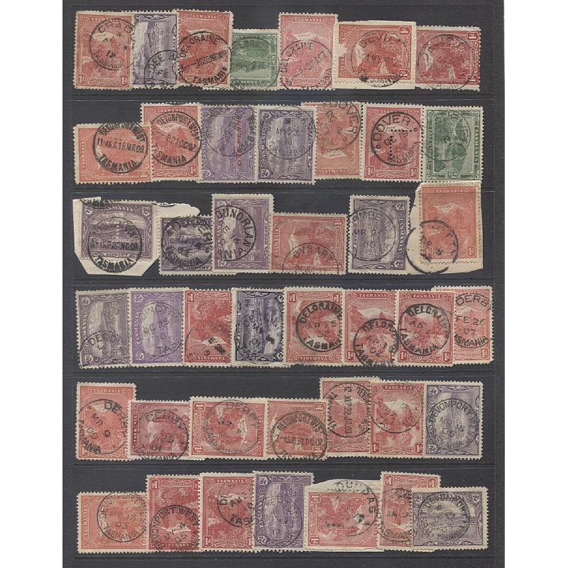 (JB1131L) TASMANIA · 14x Hagners housing and "A to Z" accumulation of postmarks on Pictorial issues · clarity and/or degree on completeness varies but some useful and rated material included ..... see 8 sample images (500+)