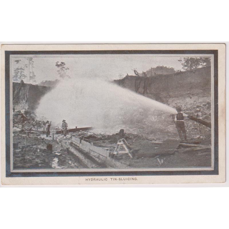 (JB1477) TASMANIA · 1908: unused card published by the Tasmanian Government with view HYDRAULIC TIN-SLUICING printed for distribution at the Franco-British Exhibition in London · excellent condition front and reverse ... see largest image