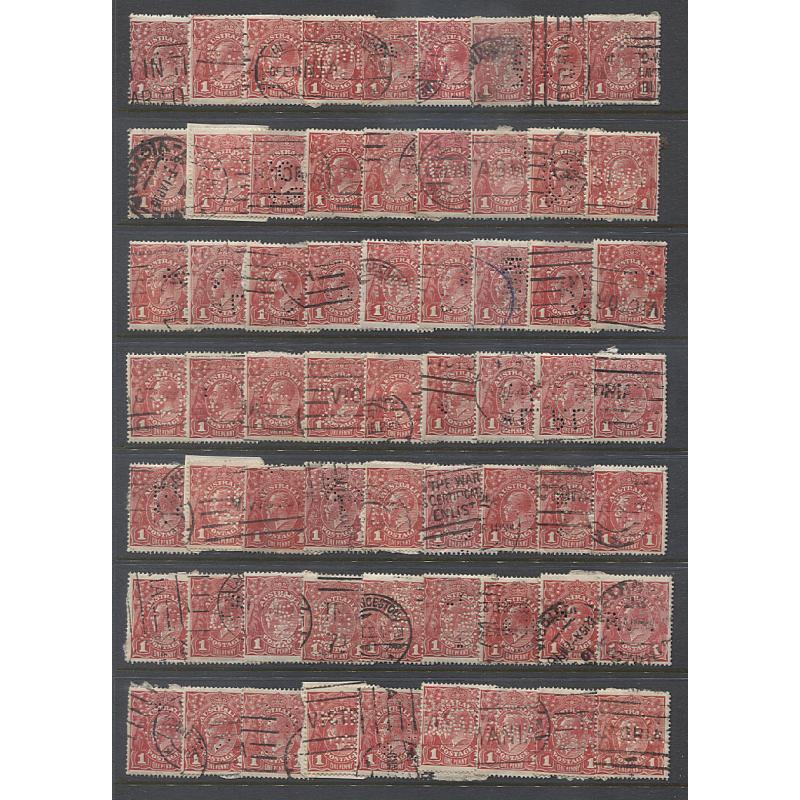 (JB15052L) AUSTRALIA · TASMANIA · 8 Hagners housing almost 500 used 1d red KGV defins all bearing private perfins · heavy duplication (PL & B, DWM Ltd) but a great study lot · unlikely to have been checked for stamp varieties too! (8 images)