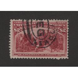 (JB15078) UNITED STATES · 1893: nicely used $2 brown-red Columbian Scott # 242 in excellent condition front & back · c.v. US$650 (2 images)