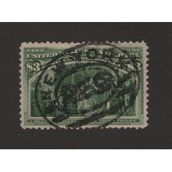 (JB15079) UNITED STATES · 1893: socked-on-the-nose $3 yellow-green Columbian Scott # 243 in excellent used condition · c.v. US$825 (2 images)