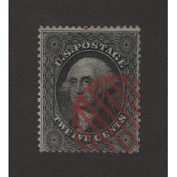 (JB15086) UNITED STATES · 1857: FU 12c black Washington Scott #36 with vermilion-red  'killer' cancel · o/c to LR · fine condition · c.v. US$370 (2 images)