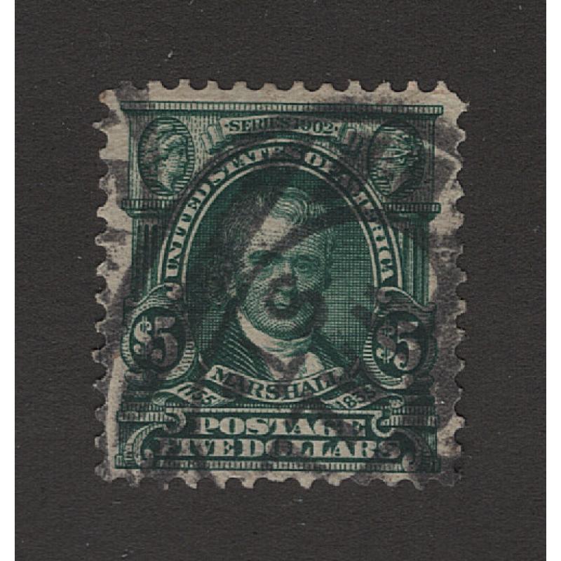 (JB15093) UNITED STATES · 1903: used $5 dark green Marshall Scott #313 · 2x shallow thins near where previously mounted and near invisible paper wrinkle at centre/top however this is a very collectable example · c.v. US$700 (2 images)
