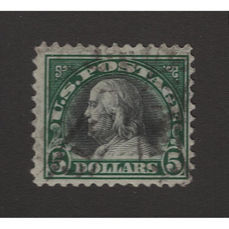 (JB15095) UNITED STATES · 1918: used $5 deep-green & black Franklin defin Scott #524 in excellent condition front & back · c.v. US$35 (2 images)