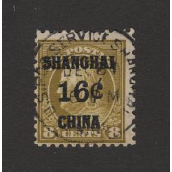 (JB15105) UNITED STATES · POSTAL AGENCY in CHINA · 1919: nicely used 16c on 8c olive-bistre Franklin optd SHANGHAI CHINA Scott K8 · clean hinge remnant · excellent condition · c.v. US$160 (2 images)