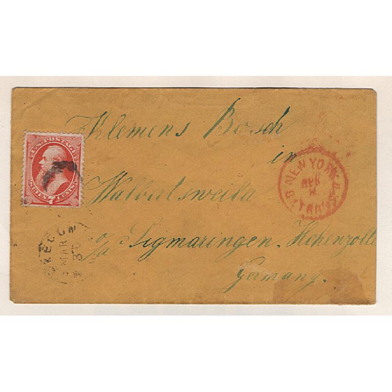 (JB15109) UNITED STATES · 1871: small cover to Germany mailed at New York with single 7c Stanton franking Scott #149 · a couple of small paper adhesions on verso where previously mounted o/wise in excellent condition · "on cover" c.v. US$160