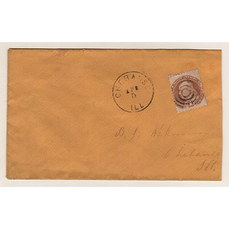 (JB15111) UNITED STATES · 1869: cover mailed for local delivery at CHEBANSE, Illinois · single 1c brown-orange Franklin franking Scott #112 · 2 small paper adhesions on verso o/wise in excellent to fine condition · "on cover" c.v. US$280