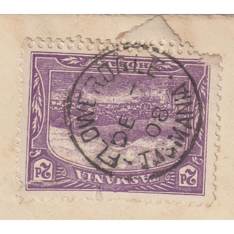 (JB1554) TASMANIA · 1908: slightly soiled cover to Launceston mailed at FLOWERDALE with a full strike of the Type 1 cds · note the 2d Pictorial franking has a double perf at top · see both largest images