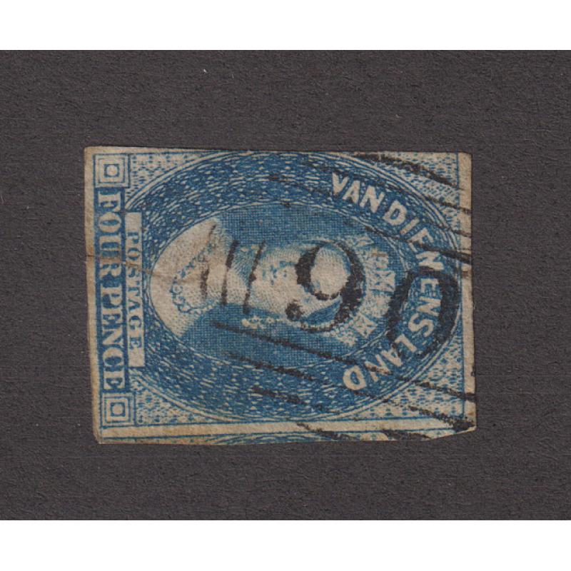 (JB1561) TASMANIA · a very clear strike of BN90 used at TINDERBOX BAY on an imperf 4d QV Chalon (faults) · postmark is rated RRR and strikes on Chalons are much rarer still!