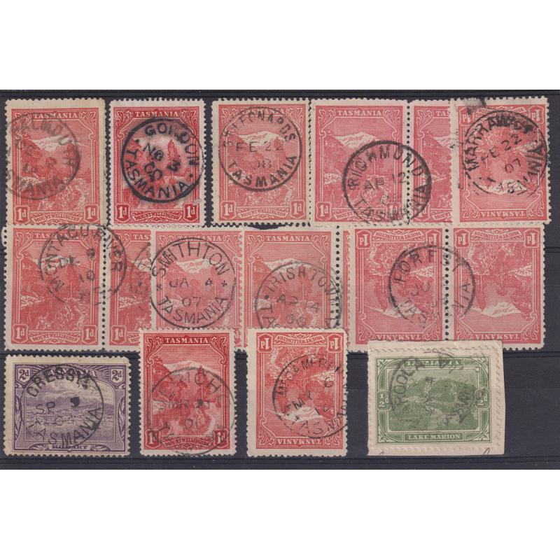 (JB1562) TASMANIA · a "Baker's Dozen" of postmarks on Pictorials · includes some useful strikes such as FALMOUTH, GORDON, MARRAWAH, etc. (13)