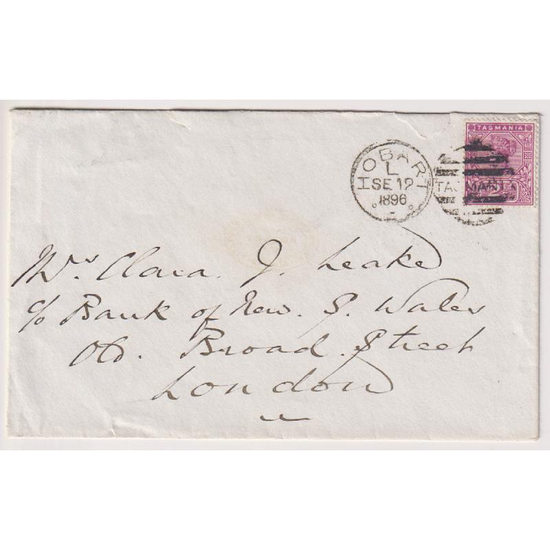 (JB1577) TASMANIA · 1896: small cover to London mailed from Hobart with single 2½d QV Key Plate franking tied by a clear strike of  a duplex canceller · some faults from opening but clean and very displayable