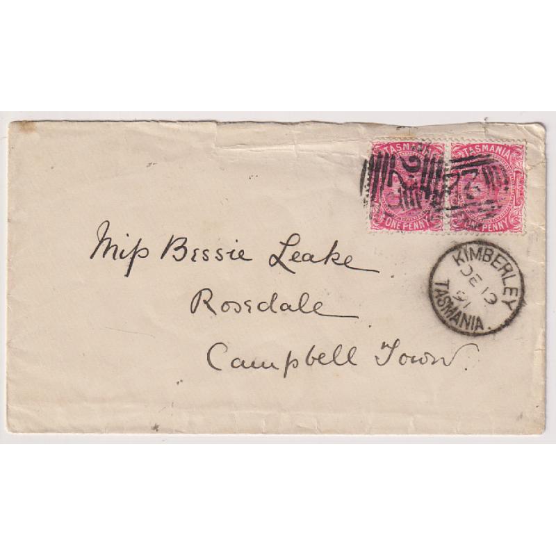 (JB1578) TASMANIA · 1891: small cover to ROSEDALE with a 1d QV S/face pair tied with two strikes of BN225 used at KIMBERLEY (rated R) · also a bold, clear strike of the PO Type 1 cds · some faults but intact and very presentable