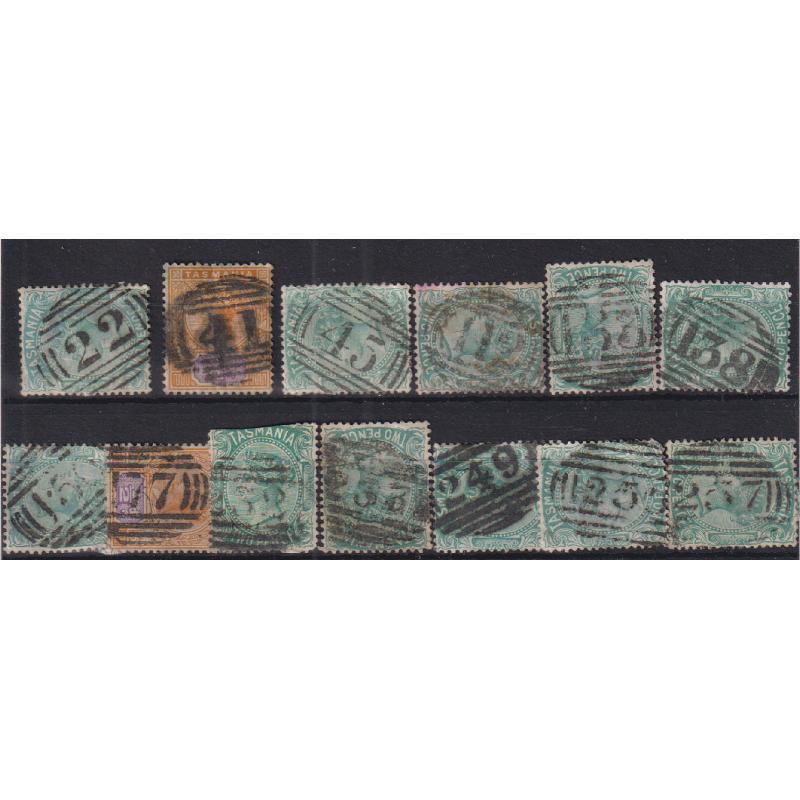 (JB1583) TASMANIA · a Baker's Dozen of selected BARRED NUMERAL postmarks · includes six rated R ..... 112, 133, 177, 233, 249 and 257
