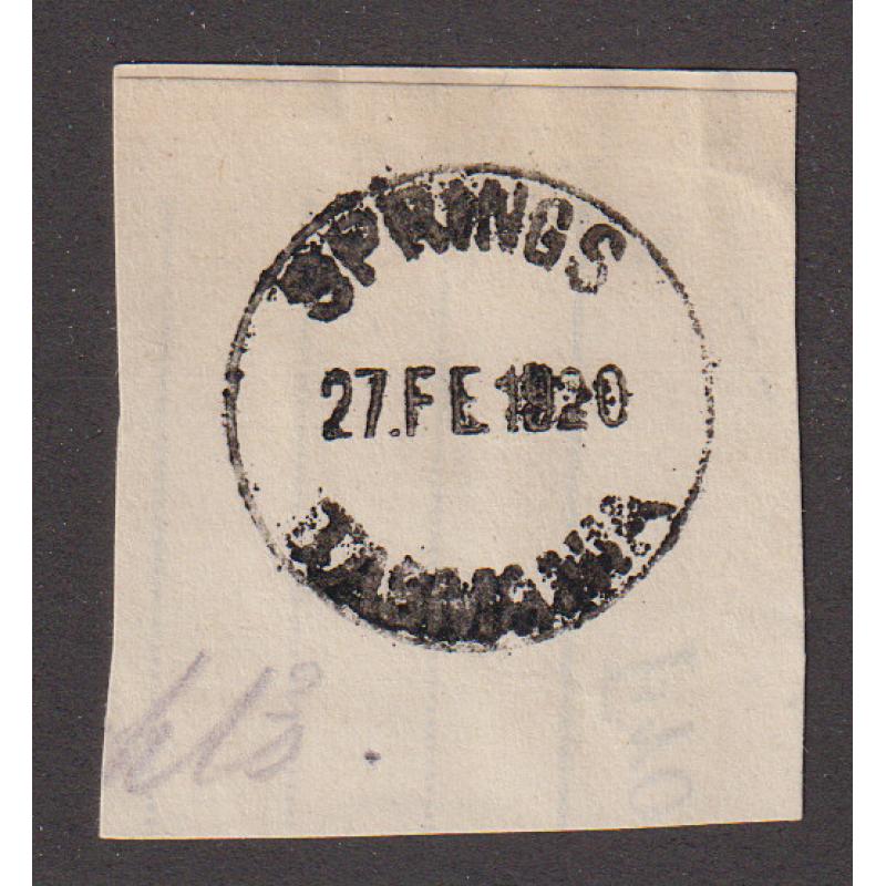 (JB1594) TASMANIA · 1920: a well-inked but clear impression of the SPRINGS Type 2a cds on a writing paper clipping · postmark is rated 5R