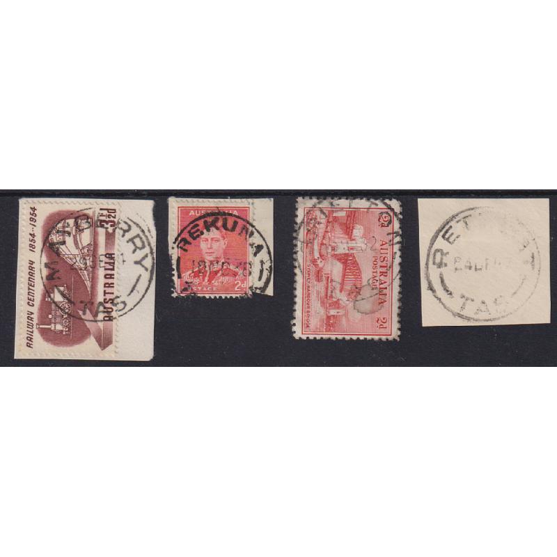 (JB1596) TASMANIA · consignment remainder comprising 4x postmarks each rated R · MAYBERRY, REKUNA, ORIELTON and RETREAT · clarity and degree of completeness varies (4)