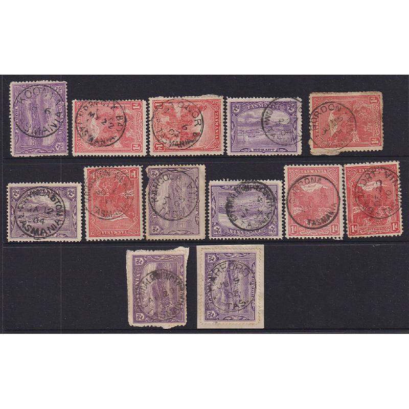 (JB1597) TASMANIA · a Baker's Dozen of selected postmarks on 1d & 2d Pictorials · includes "better" with NORFOLK BAY, WOODLANDS, FLOWERDALE JUNCTION and CUPRONA noted (13)