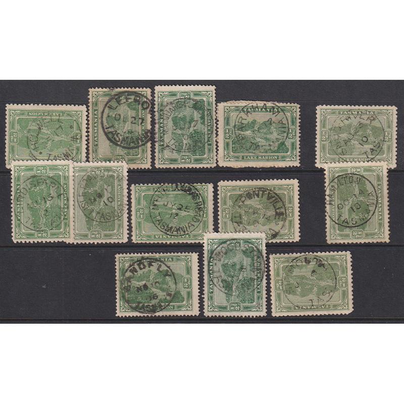 (JB1598) TASMANIA · a Baker's Dozen of selected postmarks on ½d Pictorials · includes "better" with SANDFLY, WOODSTOCK, NORTH DUNDAS ROAD, SIDMOUTH and HOLWELL noted (13)
