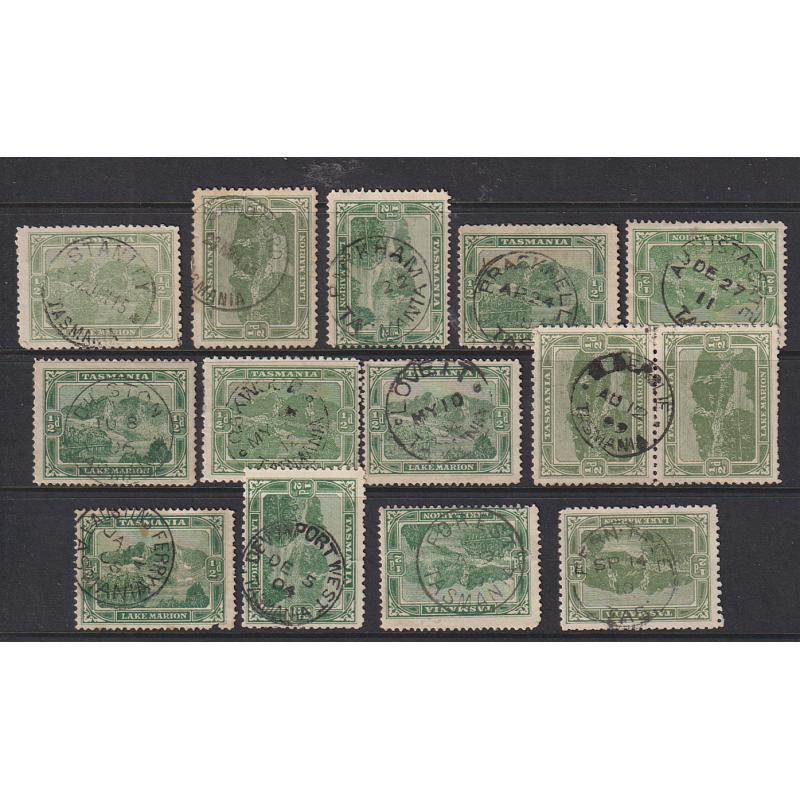 (JB1599) TASMANIA · a Baker's Dozen of selected postmarks on ½d Pictorials · includes "better" with ELDERSLIE, SANDFORD (Type 2), DILSTON, FOREST and AUSTINS FERRY noted (13)