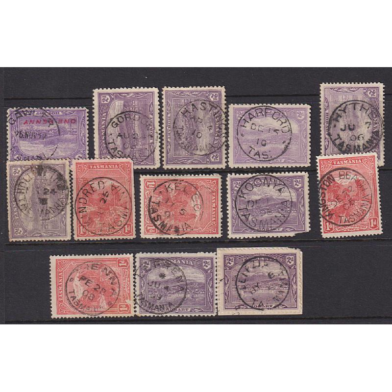 (JB1601) TASMANIA · a Baker's Dozen of selected postmarks on 1d & 2d Pictorials · includes "better" with HOLLOW TREE, GAWLER, LEIPZIG, GORDON and KELSO noted (13)
