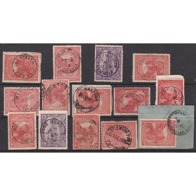 (JB1602) TASMANIA · a Baker's Dozen of selected postmarks on 1d & 2d Pictorials · includes "better" with SPALFORD, LYMINGTON, NORTHDOWN, MENGHA, RISDON and NUGENT noted (13)