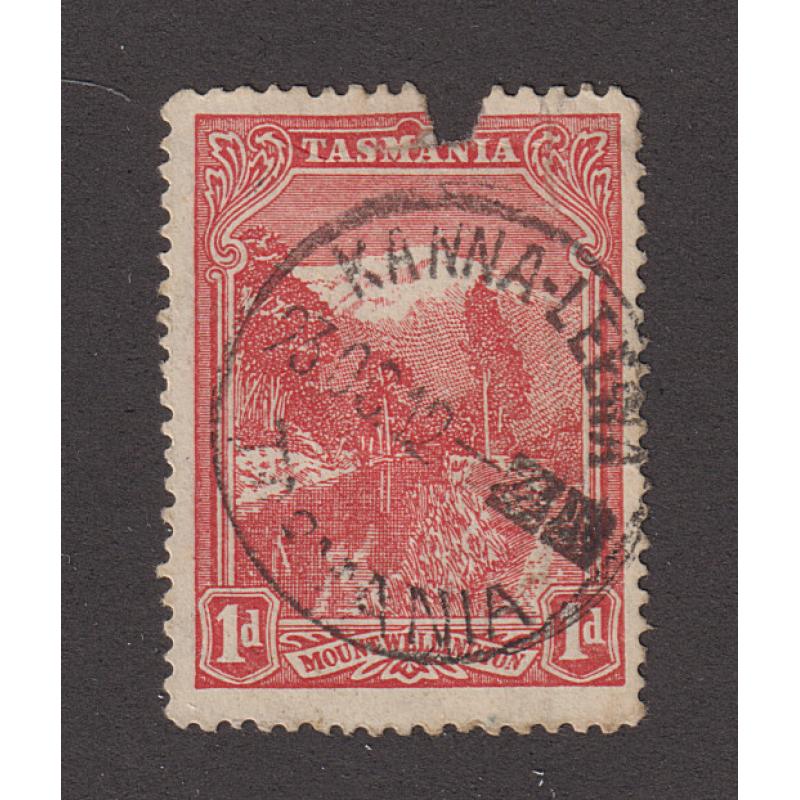 (JB1606) TASMANIA · 1912: a cear and nearly complete impression of the KANNA-LEENA Type 3 cds on a faulty 1d Pictorial · postmark is rated RRR-(13*)