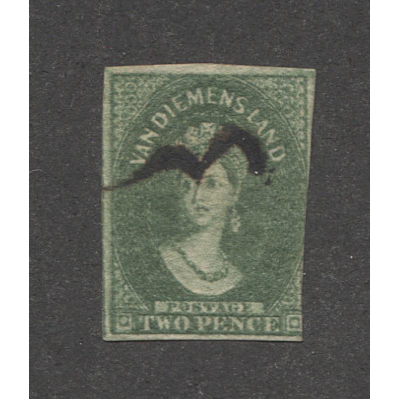 (JB1961) TASMANIA · 1860s: three margin imperf 2d green QV Chalon with Numeral Wmk &#039;2&#039; REVERSED · c.v. £60 for &#039;normal&#039;