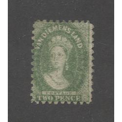 (JB1962) TASMANIA · 1860s: mint 2d yellow-green QV Chalon perf.10 SG 60 with sheet margin watermark lines at the top · most of original gum · c.v. £800 · ex Dr. O.G. Ingles (2 images)