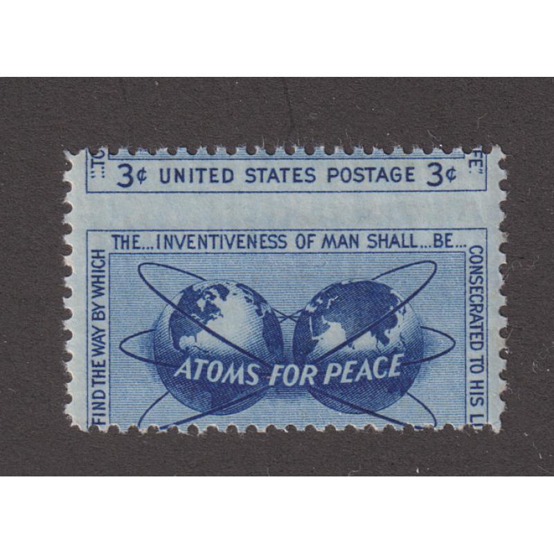 (JE1000) UNITED STATES · 1955: grossly misperforated MNH 3c Atoms for Peace commemorative Scott #2070 · some v.minor gum imperfections however the stamp is of VF appearance from the front · $5 STARTER!!  (2 images)