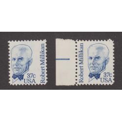(JE1001) UNITED STATES · 1982: misperforated MNH 37c Robert Millikan Scott #1866 with name in right rather the left side · accompanied by "normal" example for comparison (2 images)