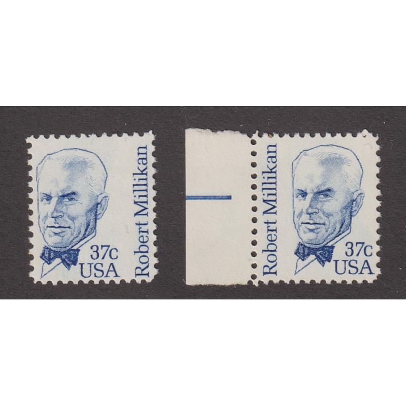 (JE1001) UNITED STATES · 1982: misperforated MNH 37c Robert Millikan Scott #1866 with name in right rather the left side · accompanied by "normal" example for comparison (2 images)