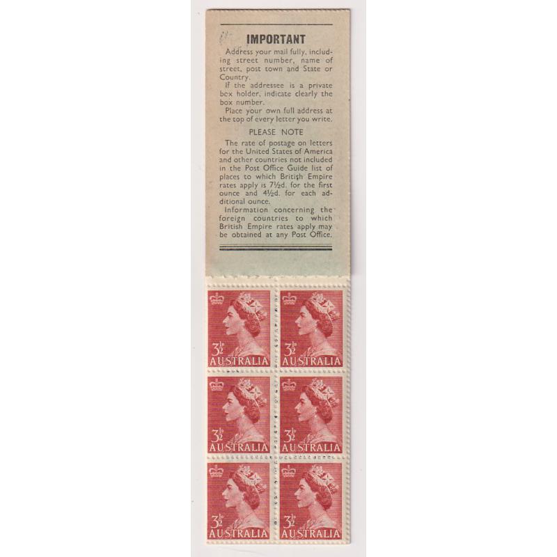 (JE1010) AUSTRALIA · 1953: complete 3/6d booklet (vermilion & deep blue) containing 2 panes of the 3½d QEII defin (SG 263) SG SB31 · cover shows a "hint" of discolouration from age however the contents are VF · $5 STARTER!!