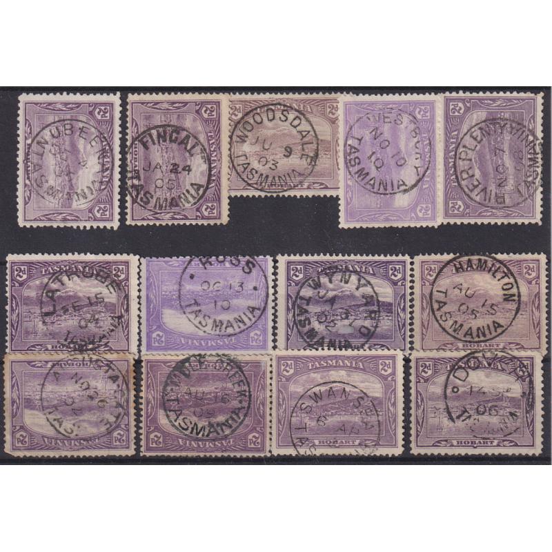 (JE1013L) TASMANIA · a Baker's Dozen of postmarks on 2d Pictorials · includes WOODSDALE, NUBEENA, RIVER PLENTY, MOLE CREEK, etc. (13)