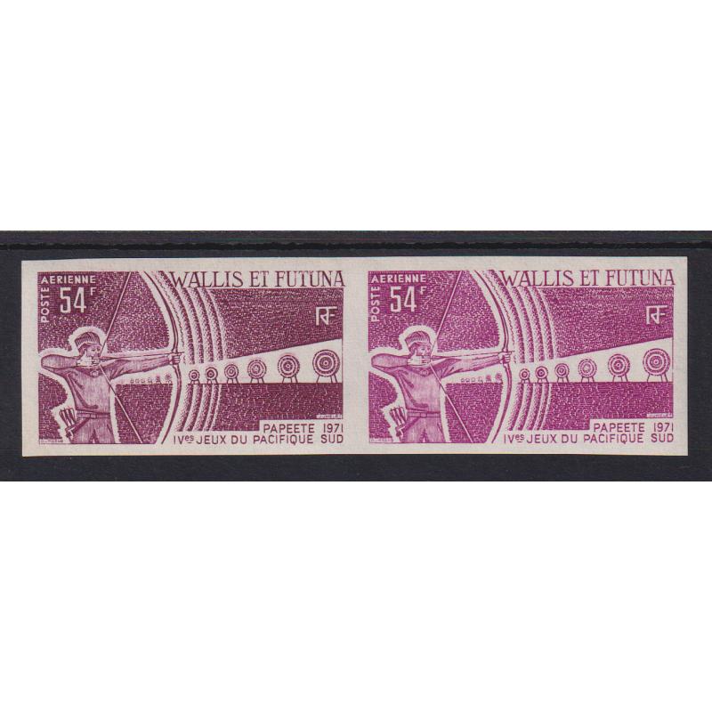 (JE1035) WALLIS ET FUTUNA · 1971: imperf pair of 54F Papeete South Pacific Games Archery issue · from printer's colour trial or similar · final stamp was multi-coloured · great item for a thematic collection (2 images)