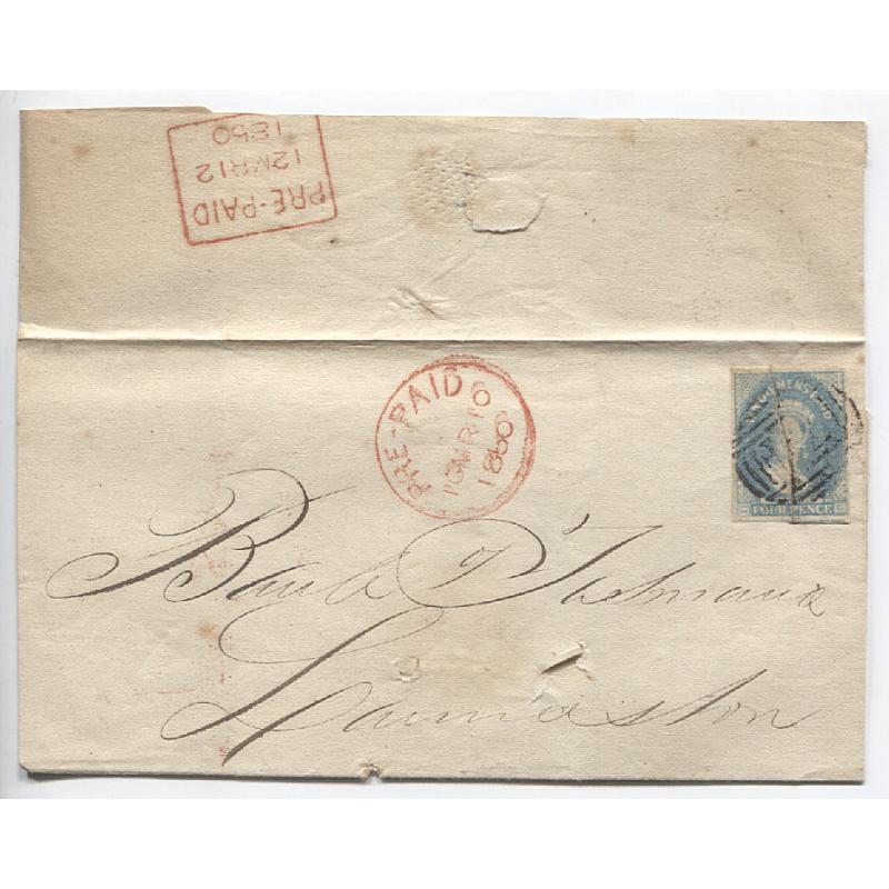 (JFC460) TASMANIA · 1860: folded letter outer bearing 4d blue QV Chalon franking with prominent pre-print paper crease tied by BN74 - mailed from Hobart to Launceston