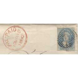(JFC460) TASMANIA · 1860: folded letter outer bearing 4d blue QV Chalon franking with prominent pre-print paper crease tied by BN74 - mailed from Hobart to Launceston