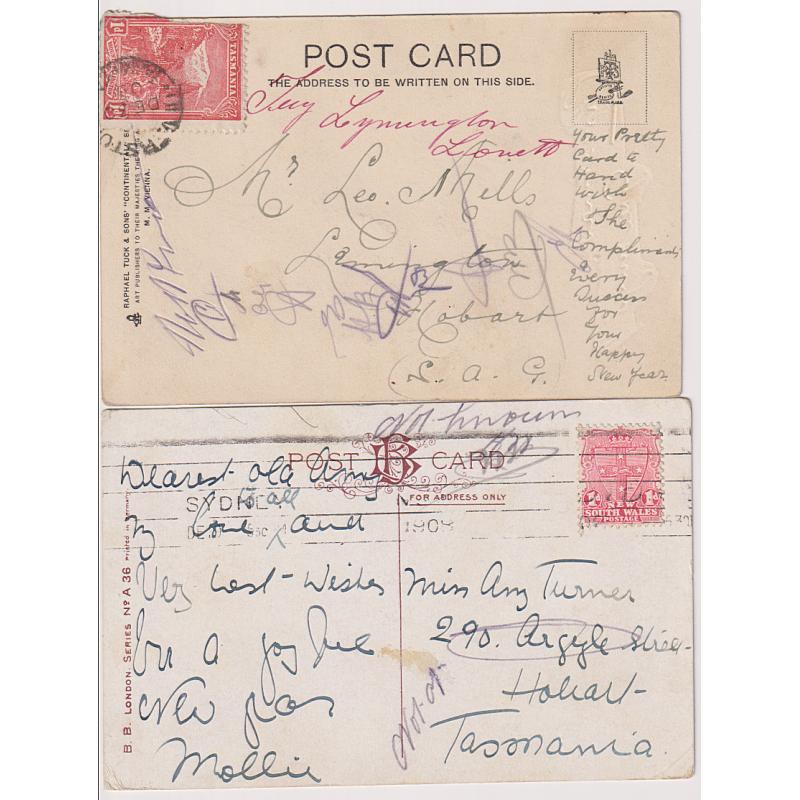 (JFC811) TASMANIA · 1905/08: postcards of British manufacture to Hobart addresses both endorsed "Not Known", etc. · both are in excellent to fine condition (2)