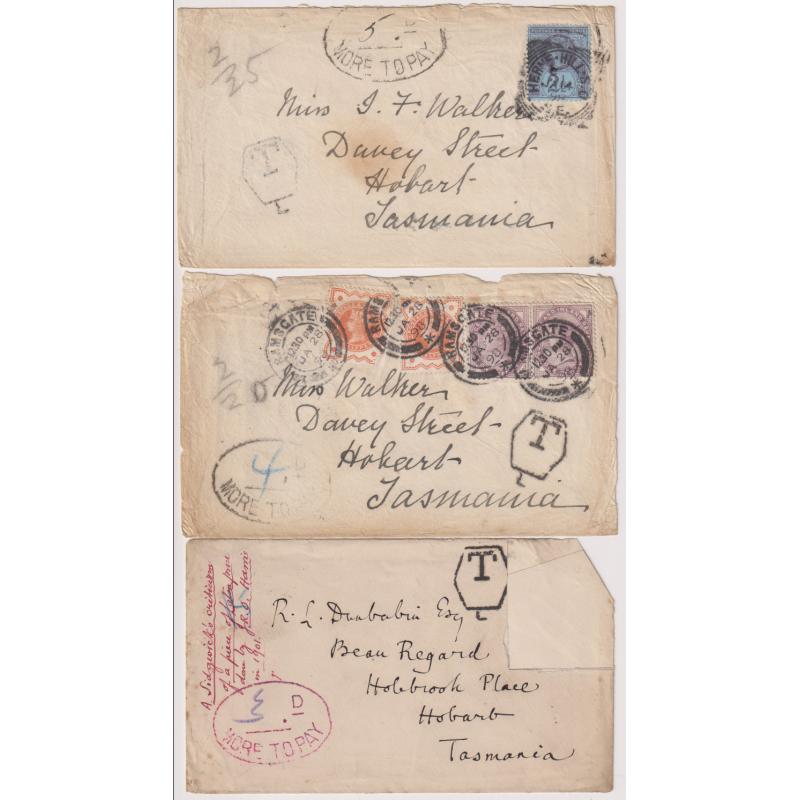 (JFC828) TASMANIA · 1898/1901: 3 taxed covers to Hobart from G.B. with impressions of the __D MORE TO PAY h/s (Reid DP23) · note strike on one in violet · condition is &#039;a bit ratty&#039; but they should still be useful for study purposes (3)