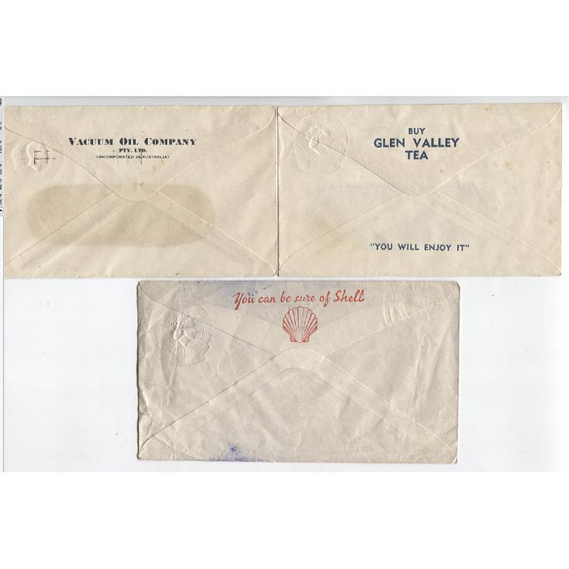 (JJ10004) AUSTRALIA · TASMANIA · 1952/54: 3x 3d stamped-to-order envelopes used at the company branch offices in Tasmania - comprises Vacuum Oil, Henry Berry and Shell envelopes · any imperfections are relatively minor ..... see both largest images (3)