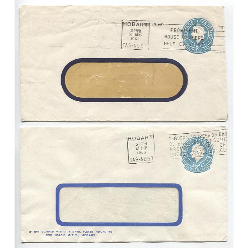 (JJ10007) TASMANIA · 1962/65: two used stamped-to-order envelopes with 5d QEII indicium most likely to have been used by A.J. Connor, Hobart · both items are in excellent to fine condition · $5 STARTER!! (2)