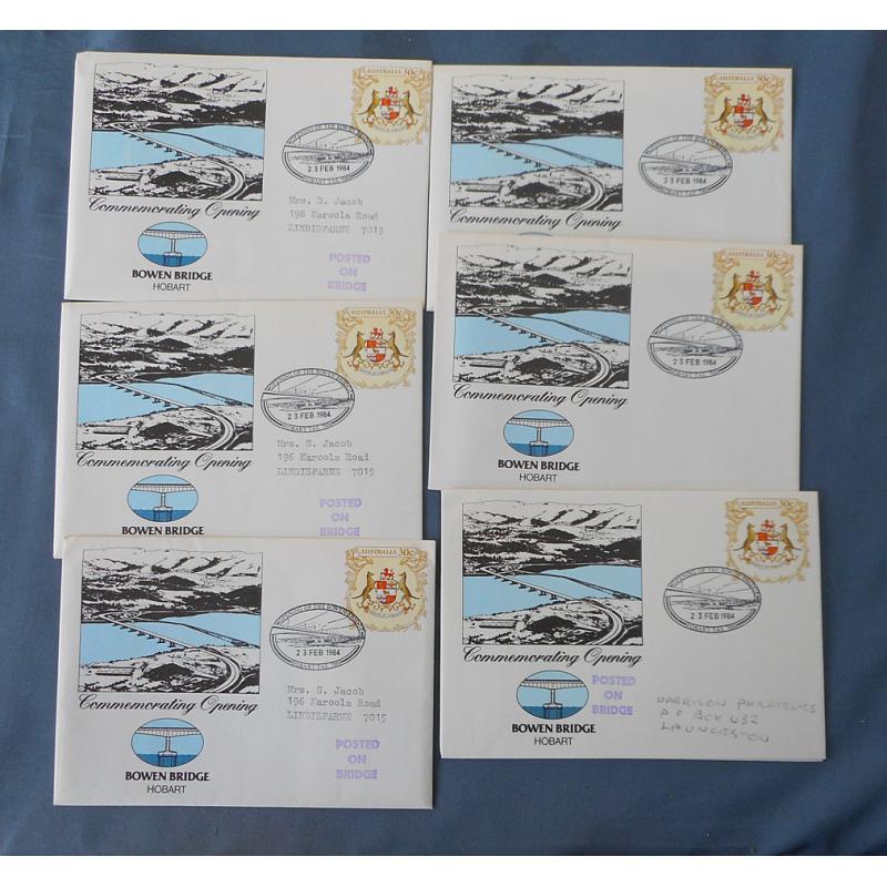 (JJ1055L) TASMANIA · 1984 (Feb 23rd): 7 privately optd 30c PSEs produced to commemorate the opening of the BOWEN BRIDGE at HOBART · see full description for details (7)