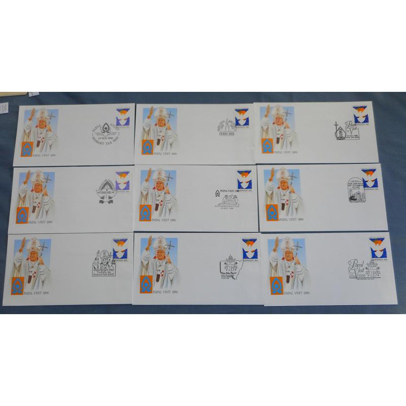 (JJ1061) AUSTRALIA · 1986: complete 'set' of nine different PAPAL VISIT pictorial postmarks on unaddressed souvenir envelopes · all in VF condition (9) $5 STARTER!!