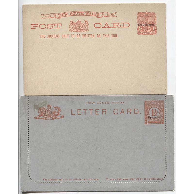 (KB1003) NEW SOUTH WALES · 1897: 1d vermilion on cream postal card H&G 19 and 1½d Letter Card H&G A5 both optd SPECIMEN · some imperfections so please view the largest image (2)