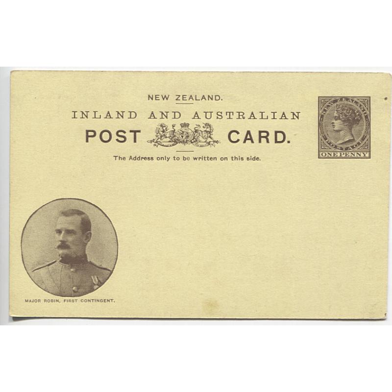 (KB1005) NEW ZEALAND · 1900: unused 1d brown on glossy yellow QV "Boer War" postal card with portrait of 1st Contingent member MAJOR ROBIN H&G 11a · fine condition
